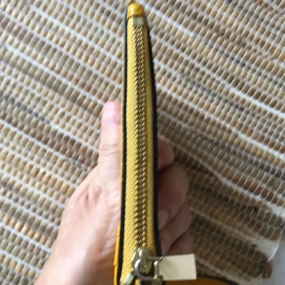 Michael Kors, mustard, pebbled, leather wristlet, credit card, keychain, wallet